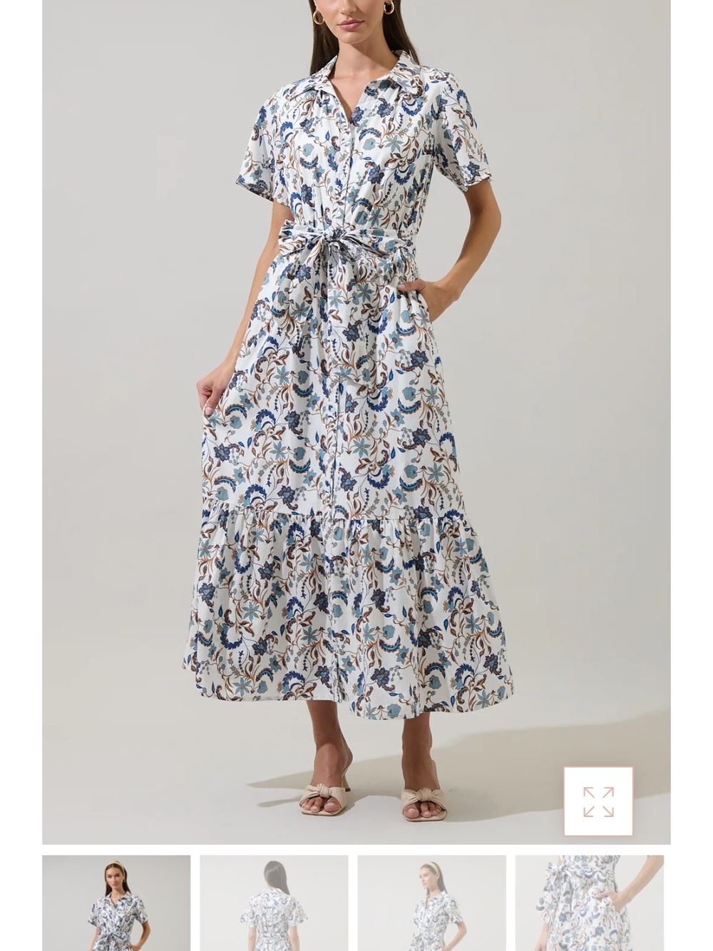 Sugarlips White Maxi Dress with Blue & Tan Floral Print - Picture 4 of 6